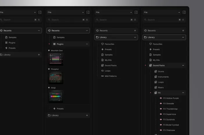 Sample browser — a producer's library across four states